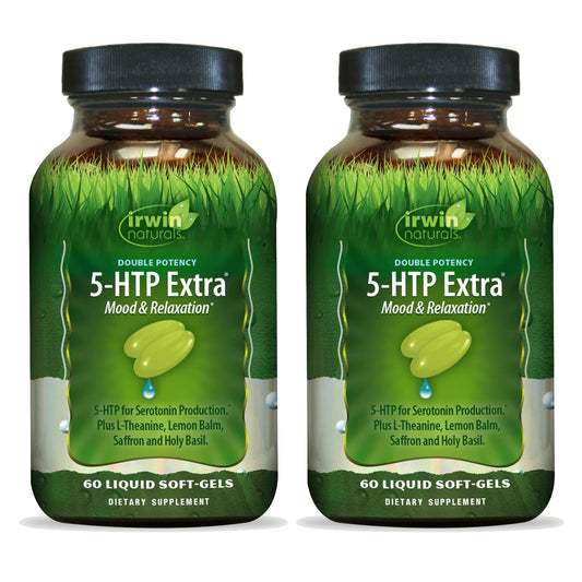 Irwin Naturals Double Potency 5-HTP Extra bottle front view for relaxed mood support
