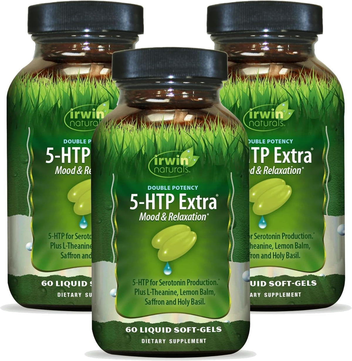 Irwin Naturals Double Potency 5-HTP Extra bottle for daily relaxation support.