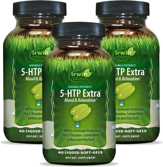 Irwin Naturals Double Potency 5-HTP Extra bottle for daily relaxation support.