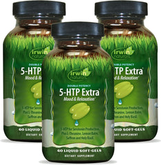 Irwin Naturals Double Potency 5-HTP Extra bottle for daily relaxation support.