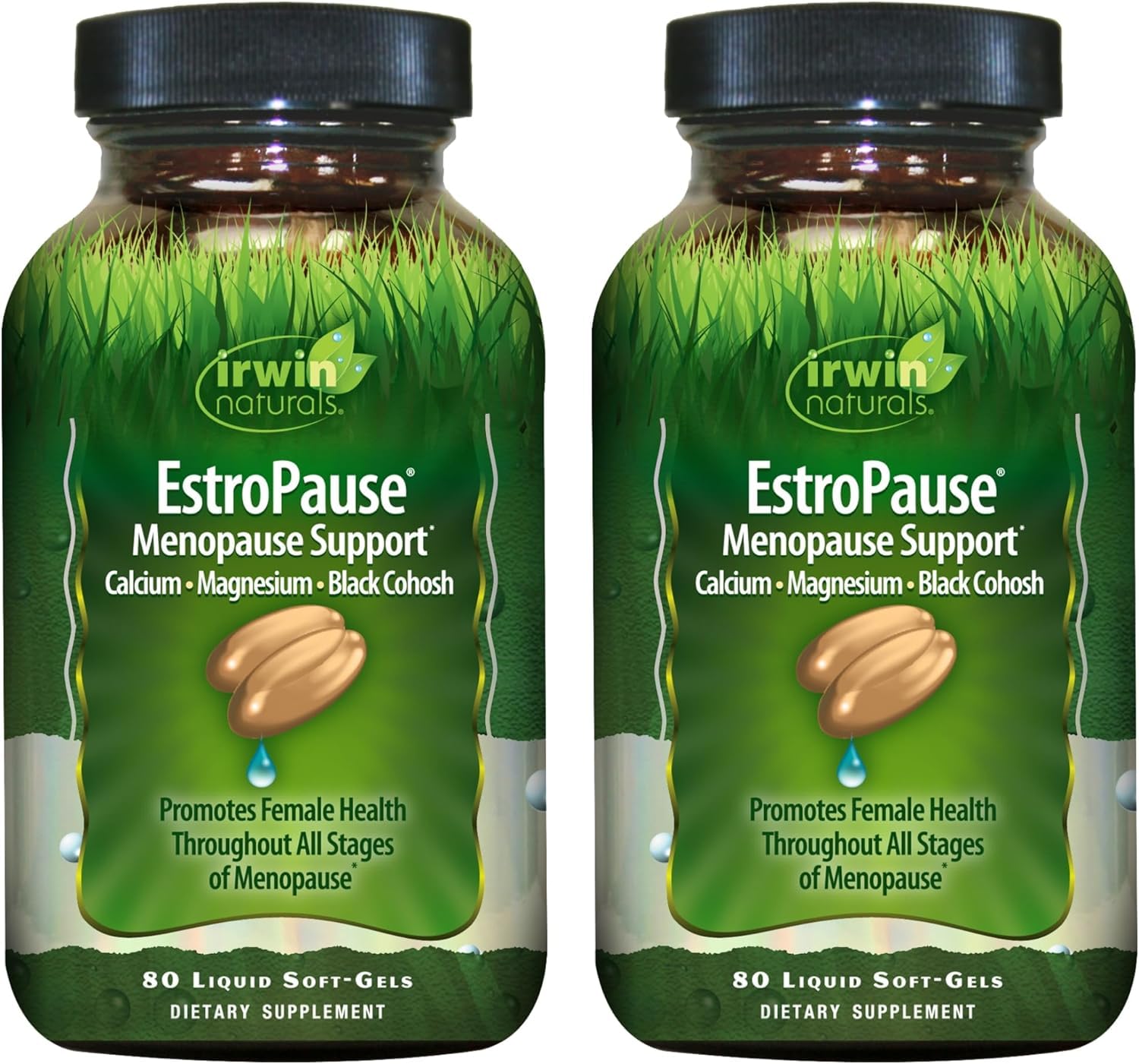 Irwin Naturals EstroPause bottle-front suggests herbal menopause wellness.