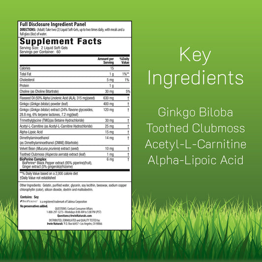 Irwin Naturals Ginkgo Smart back label detailing ingredients for cognitive support.