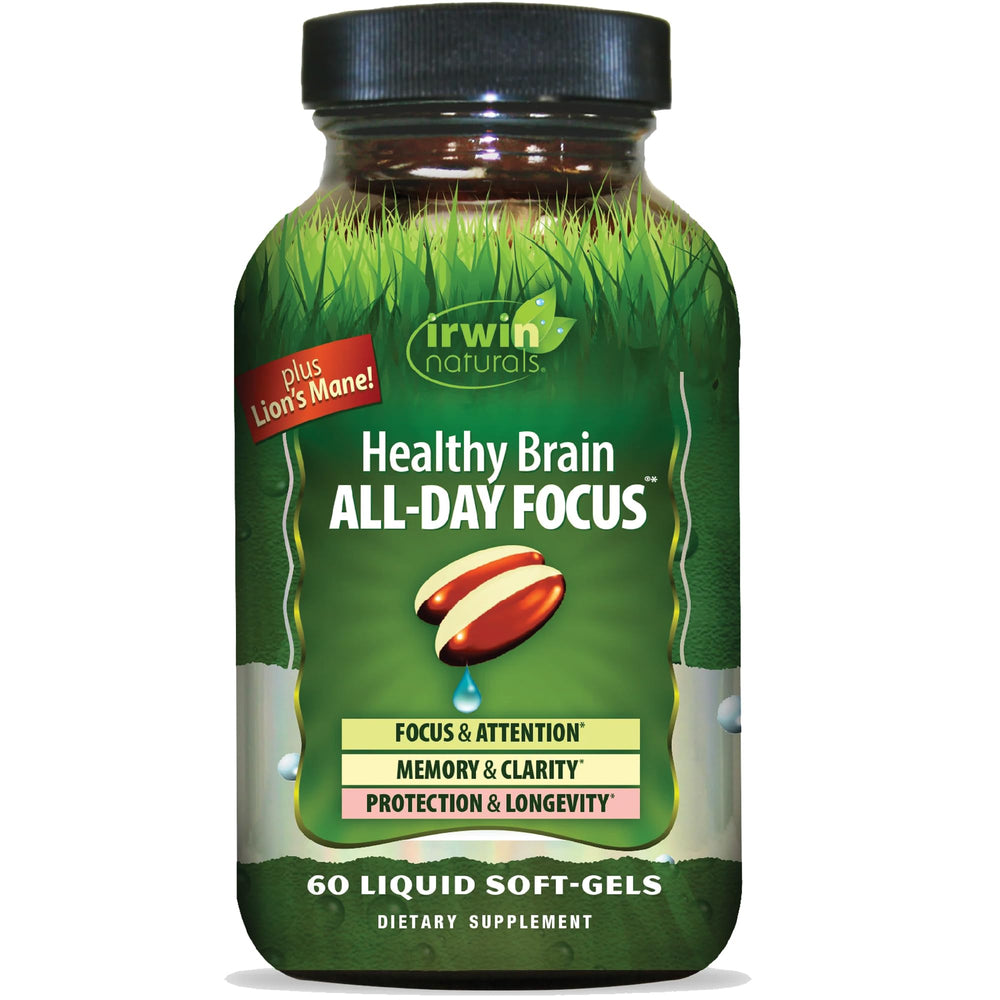 Irwin Naturals Healthy Brain All-Day Focus bottle for daily cognitive support.