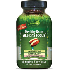 Irwin Naturals Healthy Brain All-Day Focus bottle for daily cognitive support.