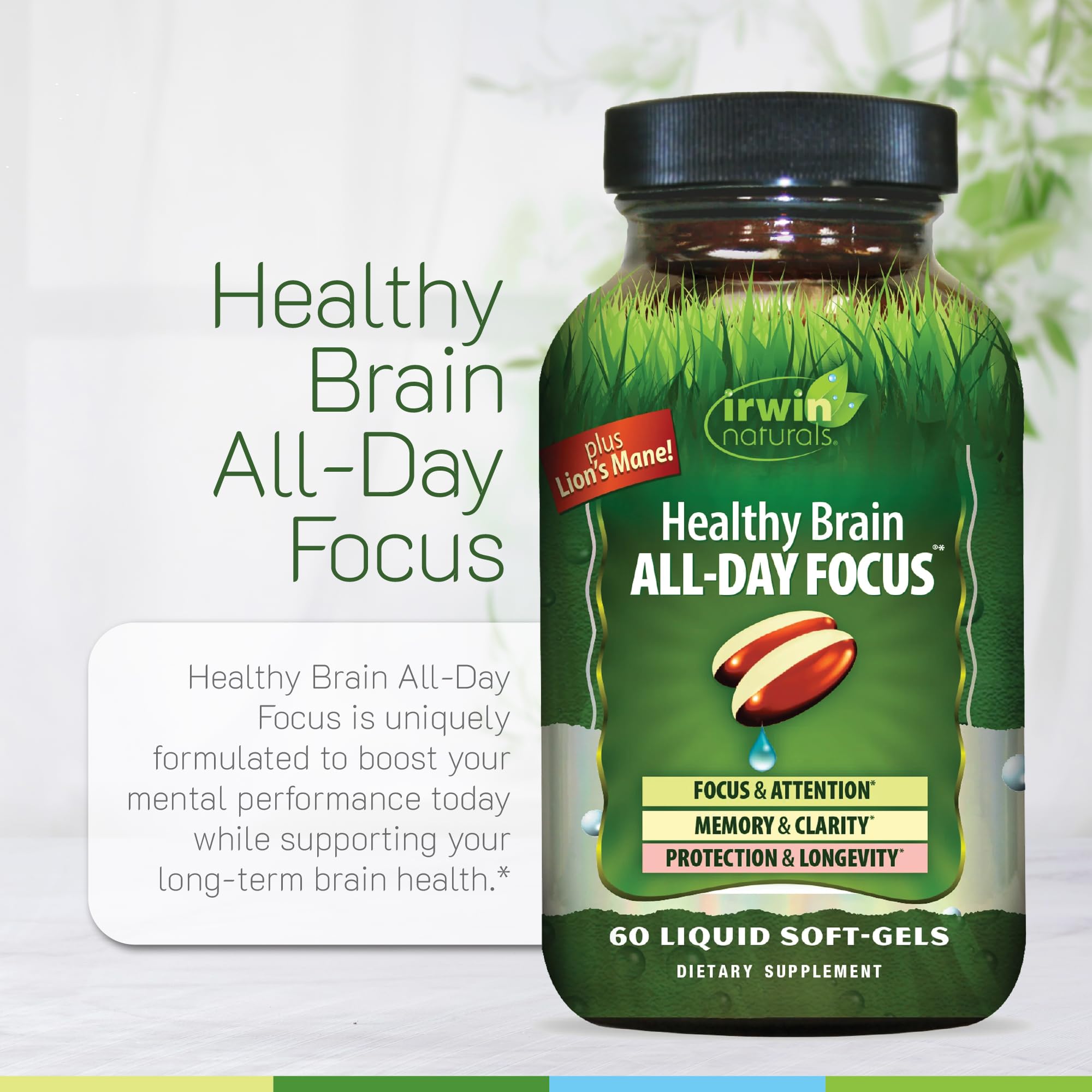 Irwin Naturals Healthy Brain All-Day Focus on a desk, ideal for study sessions.