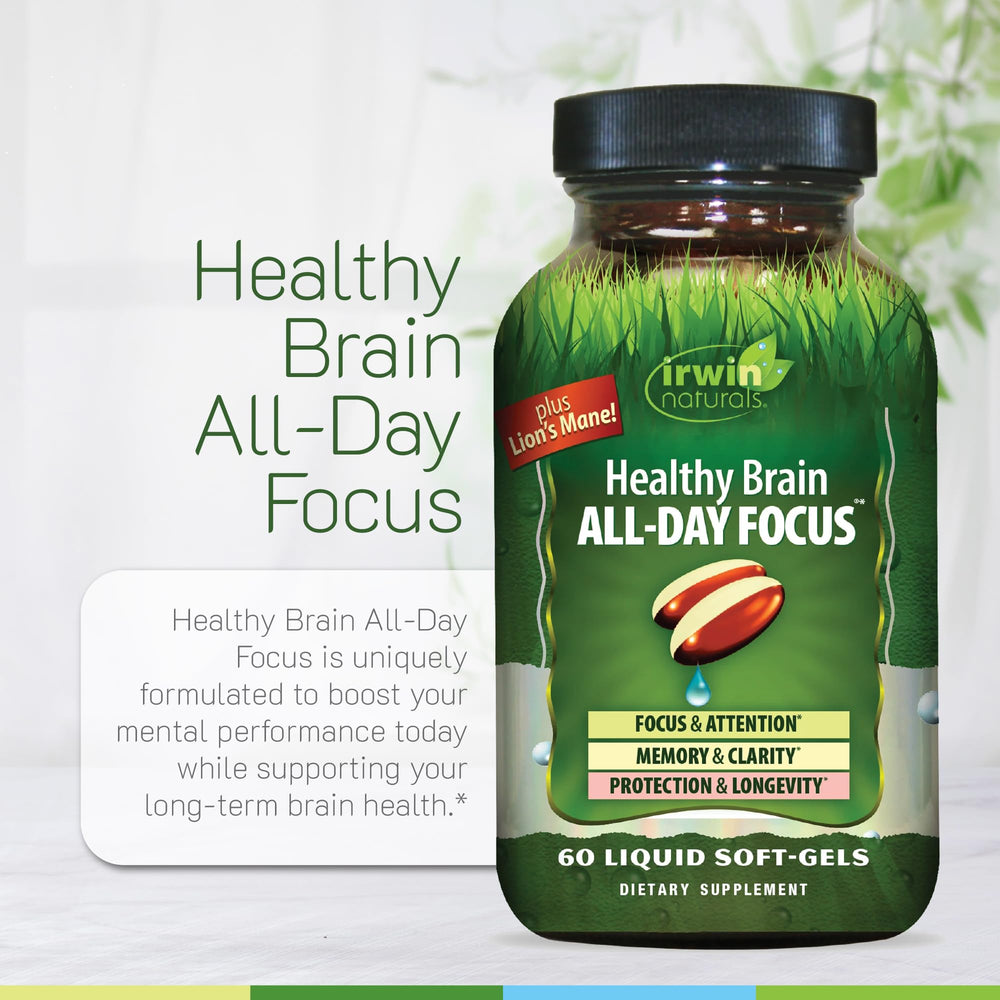 Irwin Naturals Healthy Brain All-Day Focus on a desk, ideal for study sessions.