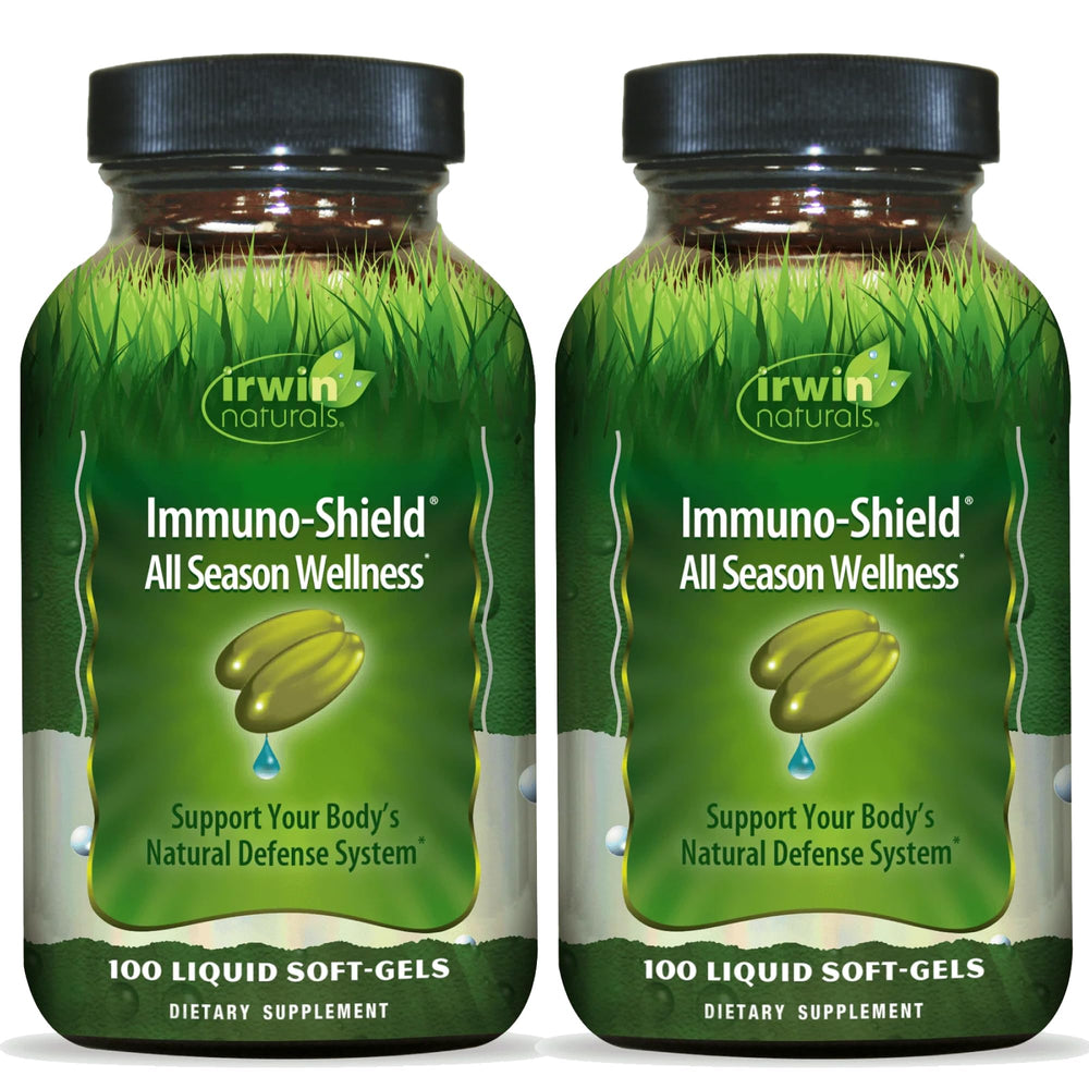 Irwin Naturals Immuno-Shield bottle on a shelf, suggesting all-season wellness.
