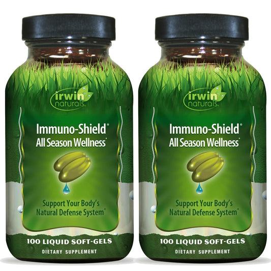Irwin Naturals Immuno-Shield bottle on a shelf, suggesting all-season wellness.