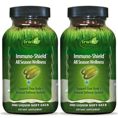 Irwin Naturals Immuno-Shield bottle on a shelf, suggesting all-season wellness.