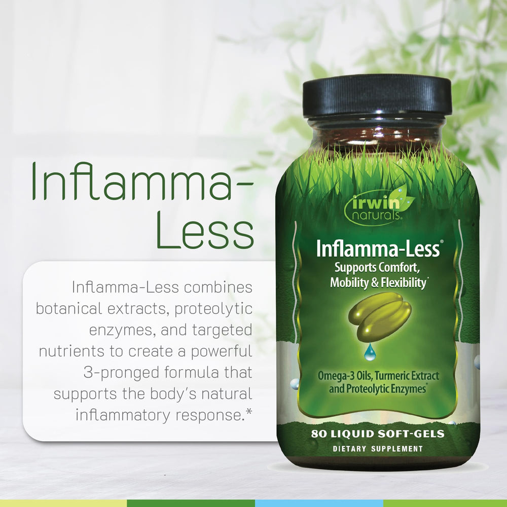 Irwin Naturals Inflamma-Less bottle label on a clean countertop