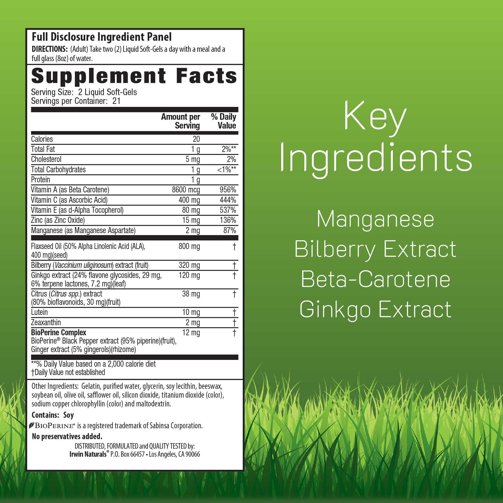 Irwin Naturals lutein softgels highlighting macular support benefits