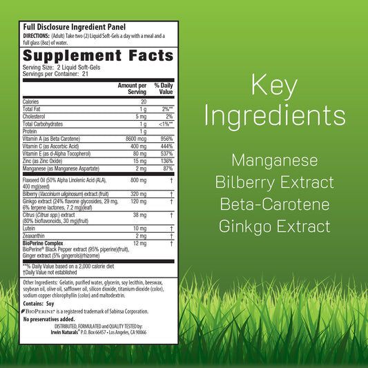 Irwin Naturals lutein softgels highlighting macular support benefits