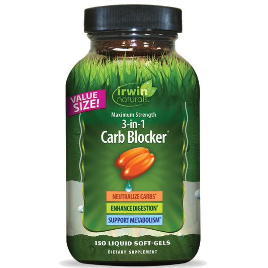 Irwin Naturals 3-in-1 Carb Blocker bottle supports metabolism and carb management.