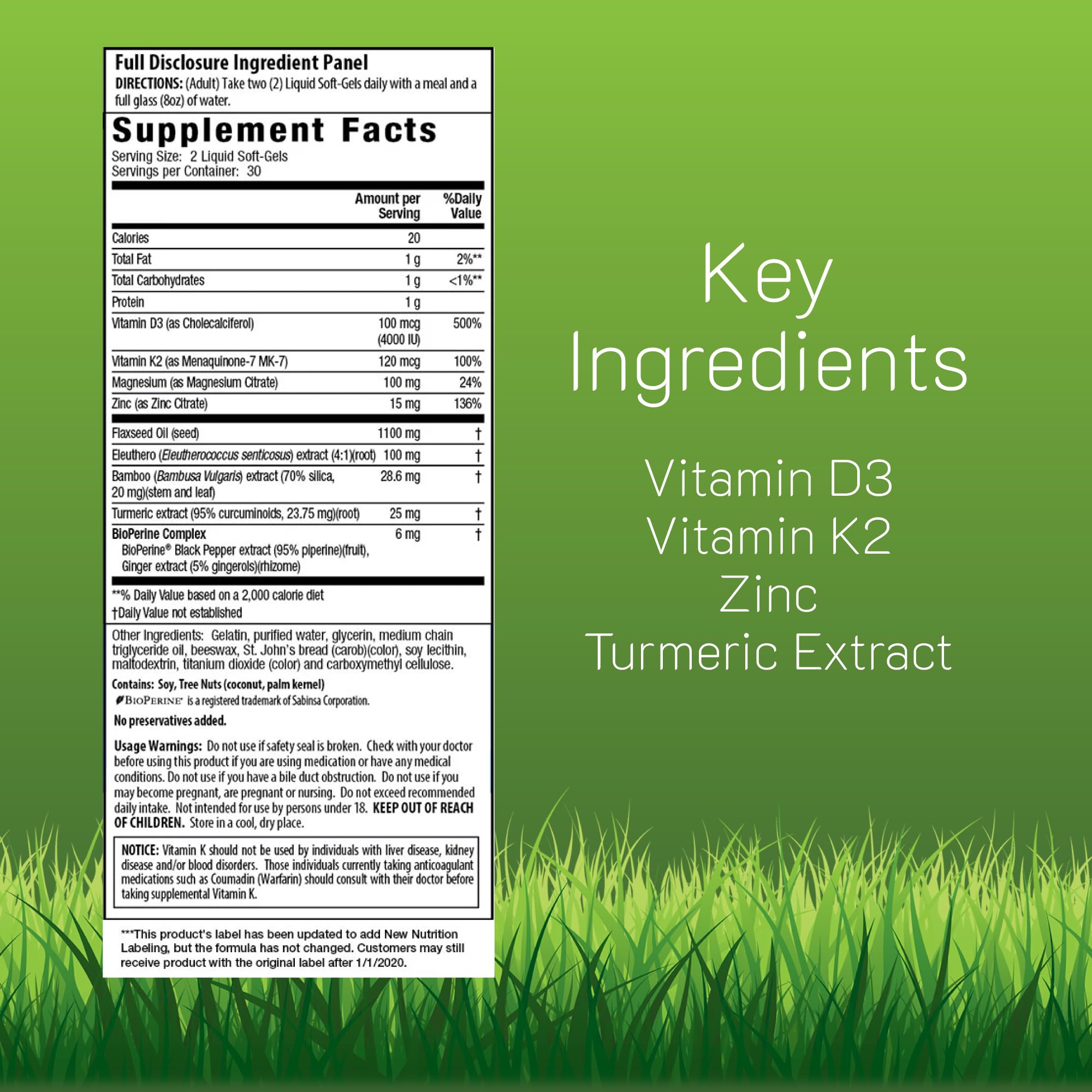 Irwin Naturals Mega D3-K2-Turmeric bottle-back-label with ingredients and usage guidance
