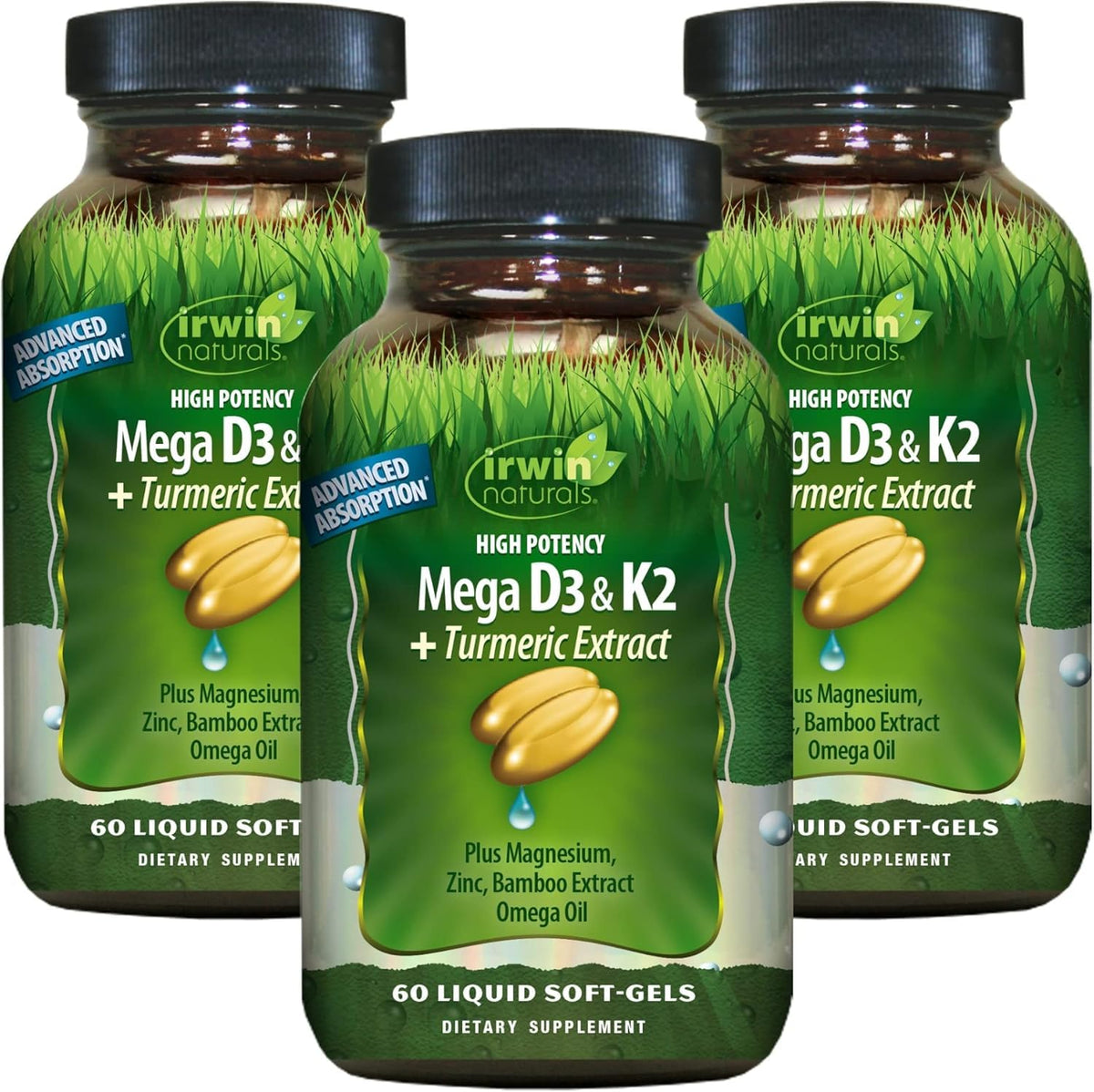 Irwin Naturals Mega D3 & K2 + Turmeric soft-gels bottle, potential bone support