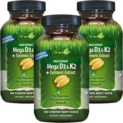 Irwin Naturals Mega D3 & K2 + Turmeric soft-gels bottle, potential bone support