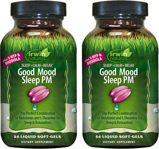 Irwin Naturals Melatonin Plus 5-HTP Rhodiola bottle front for restful nights.