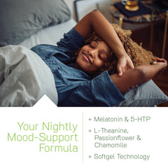 Irwin Naturals Melatonin Plus 5-HTP Rhodiola bottle side with concise product details.