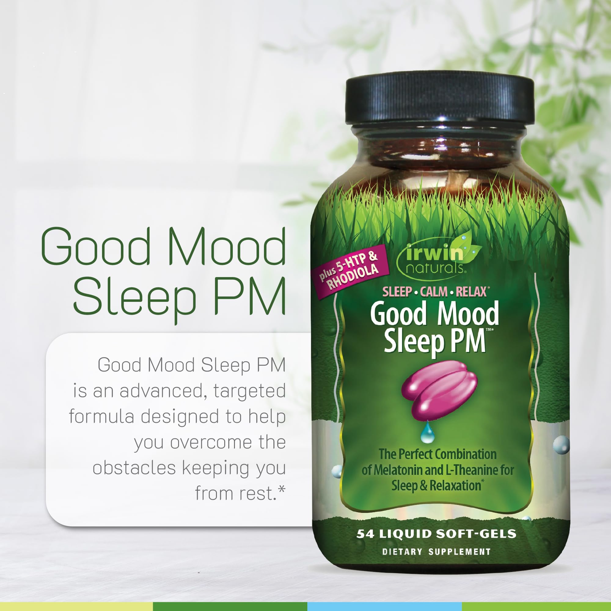 Irwin Naturals Melatonin Plus 5-HTP Rhodiola packaging box shows rest-support information.