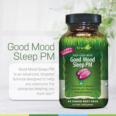 Irwin Naturals Melatonin Plus 5-HTP Rhodiola packaging box shows rest-support information.