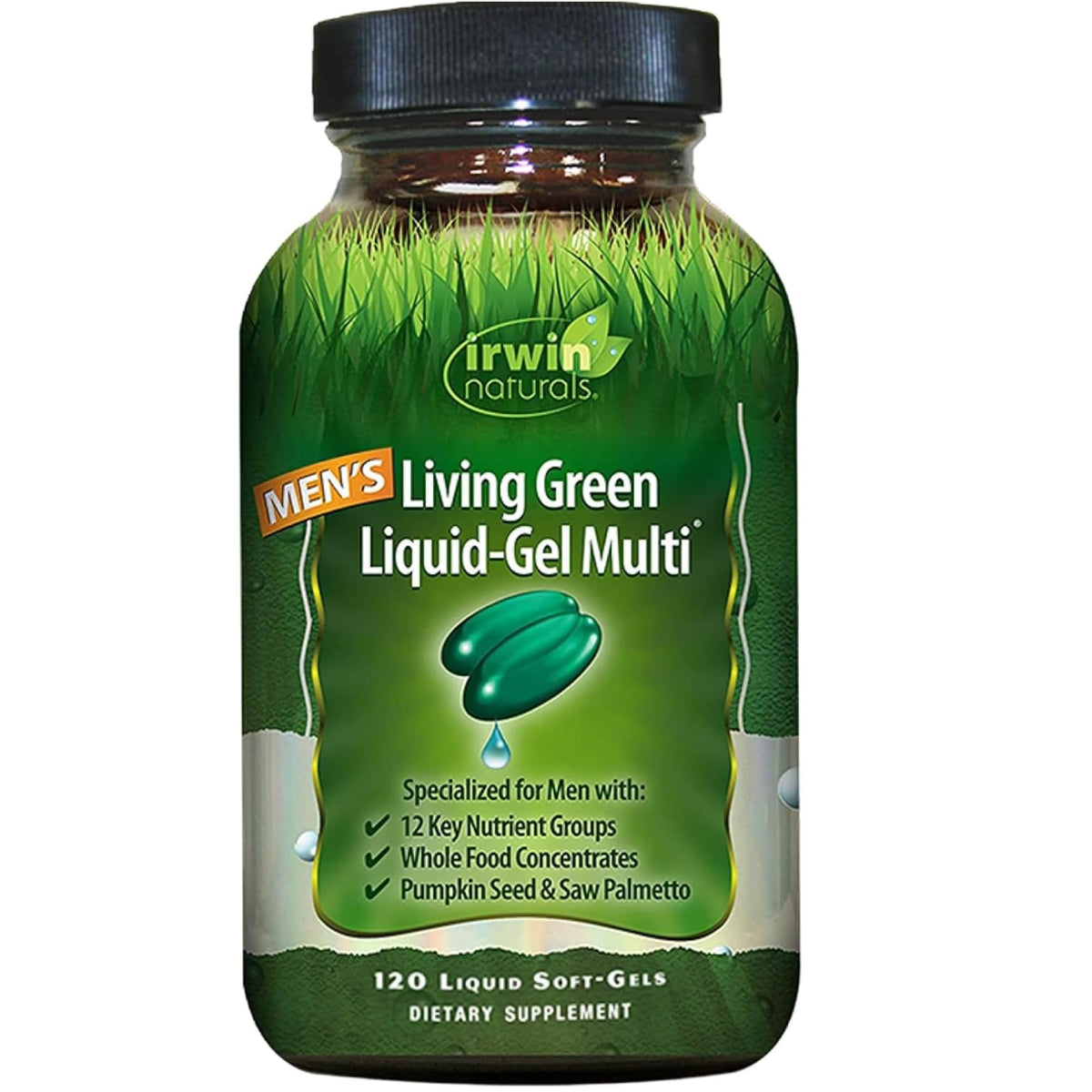 Irwin Naturals Men's Living Green bottle illustrates a plant-based multivitamin for daily energy support.