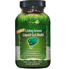 Irwin Naturals Men's Living Green bottle illustrates a plant-based multivitamin for daily energy support.