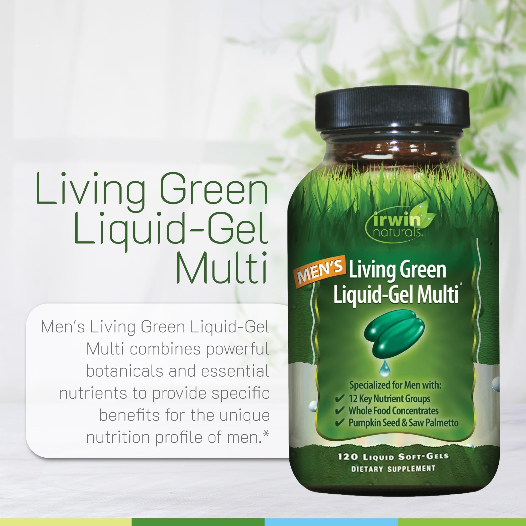 Irwin Naturals pumpkin seed oil illustration hints at prostate health.
