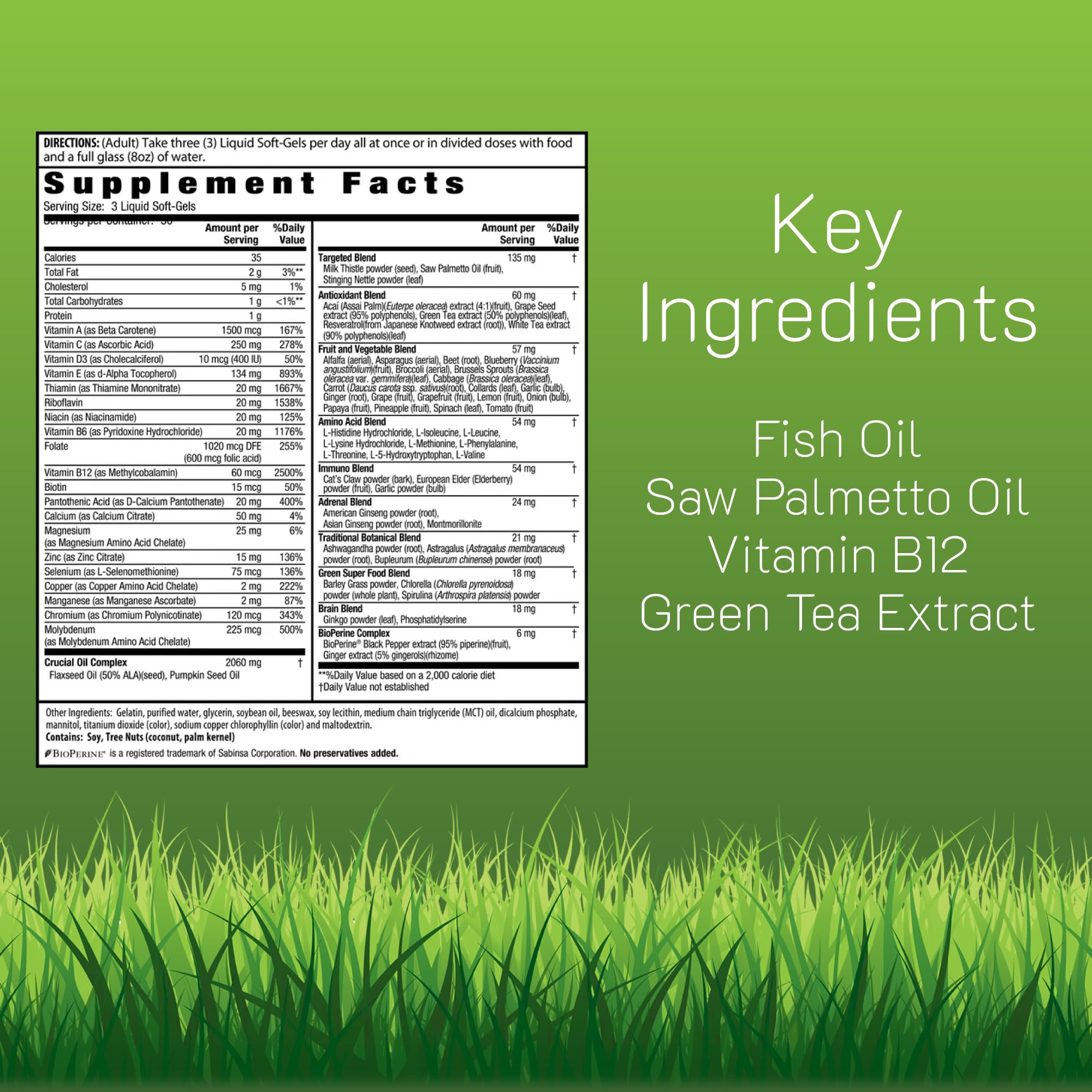 Living Green softgels closeup highlighting fast-absorbing liquid-gel form
