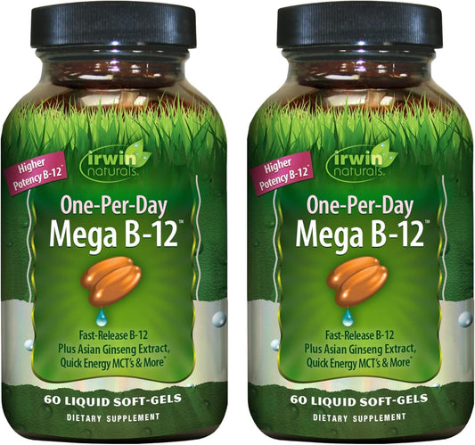 Irwin Naturals One-Per-Day Mega B-12 bottle for daily energy support.
