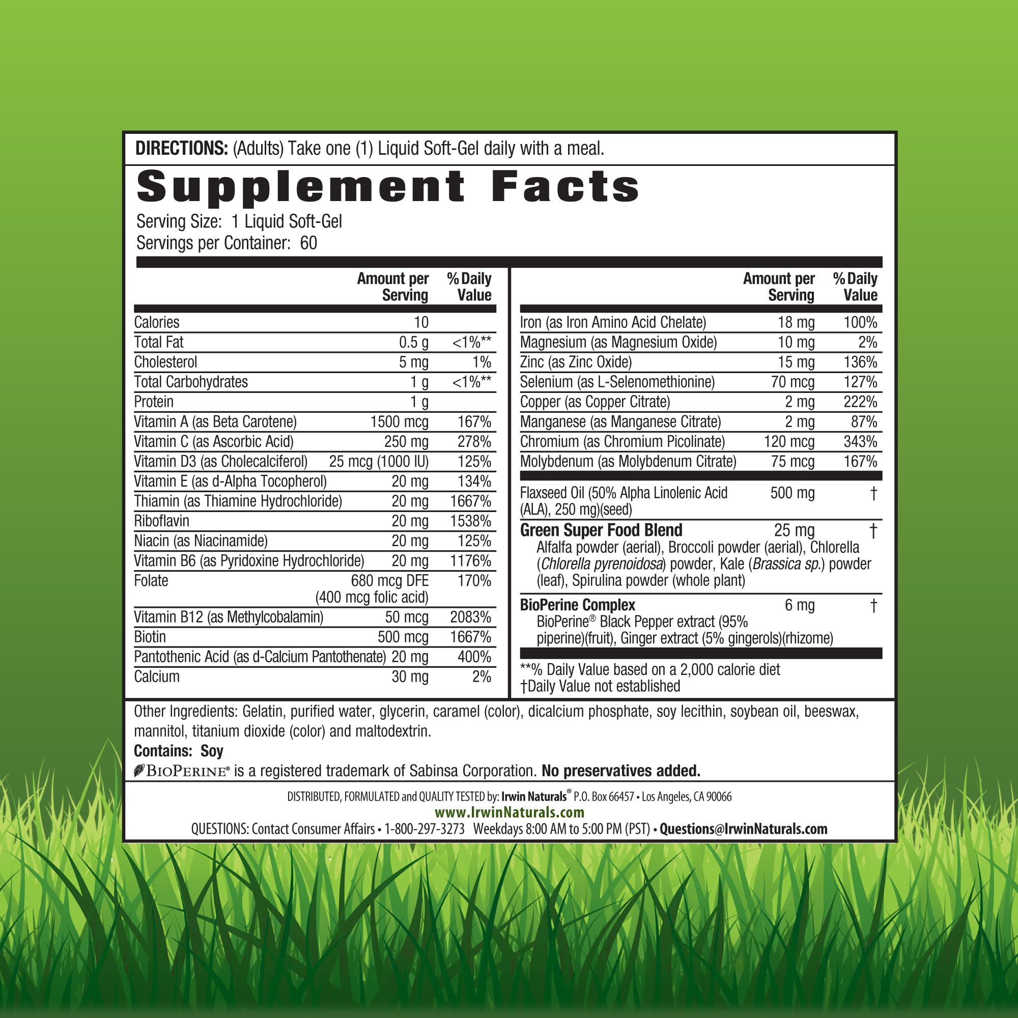 Irwin Naturals soft-gels close-up highlighting iron and omega-3 for daily support
