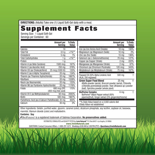 Irwin Naturals soft-gels close-up highlighting iron and omega-3 for daily support