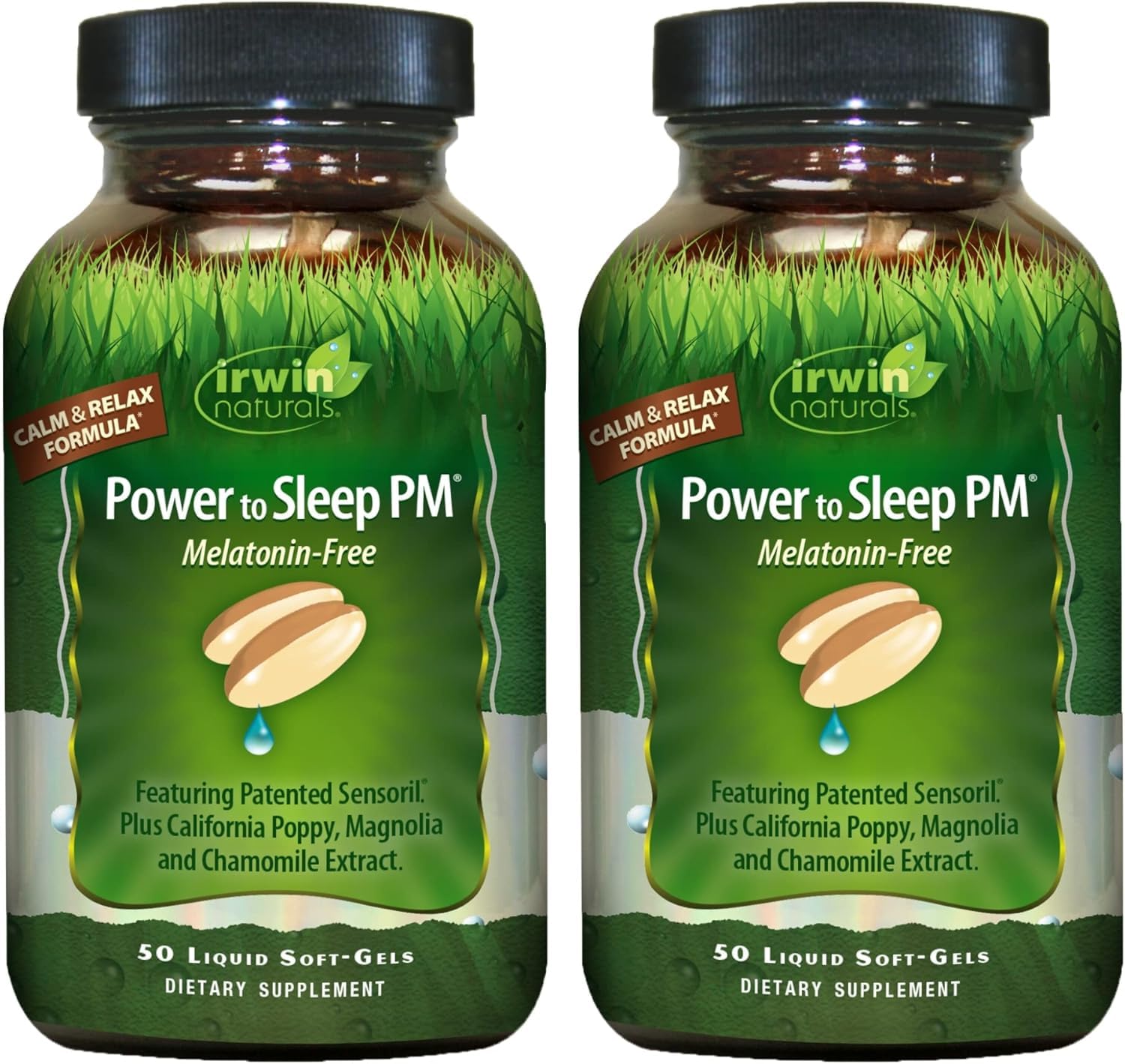 Irwin Naturals Power to Sleep PM bottle front, melatonin-free formula for nighttime calm.