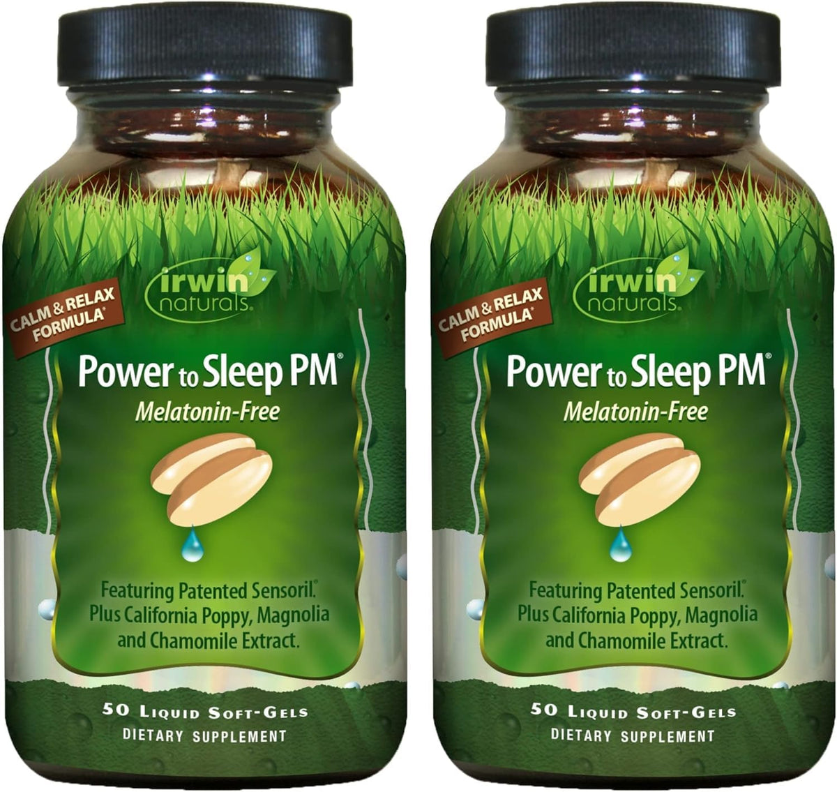 Irwin Naturals Power to Sleep PM bottle front, melatonin-free formula for nighttime calm.