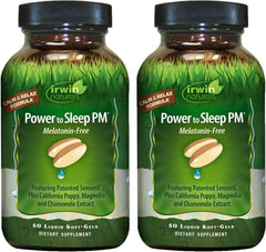 Irwin Naturals Power to Sleep PM bottle front, melatonin-free formula for nighttime calm.