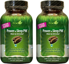 Irwin Naturals Power to Sleep PM bottle front view promoting relaxation before bed
