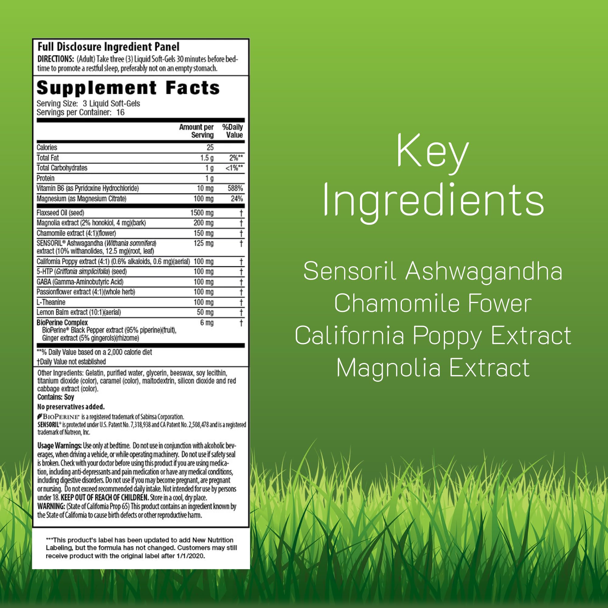 Power to Sleep PM bottle label highlights ashwagandha and calming botanicals.