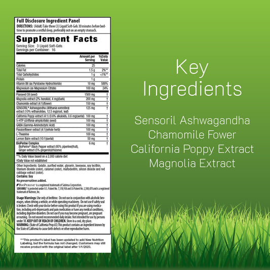 Power to Sleep PM bottle label highlights ashwagandha and calming botanicals.
