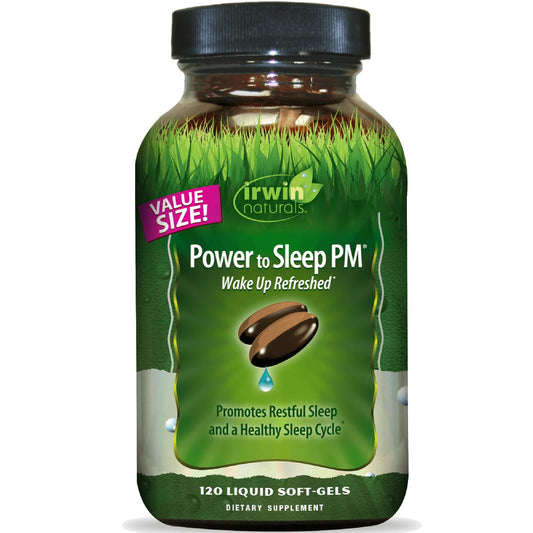 Irwin Naturals Power to Sleep PM bottle promotes relaxation before bed