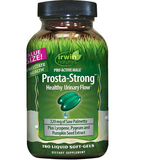 Irwin Naturals Prosta-Strong bottle and capsules for daily prostate health support.