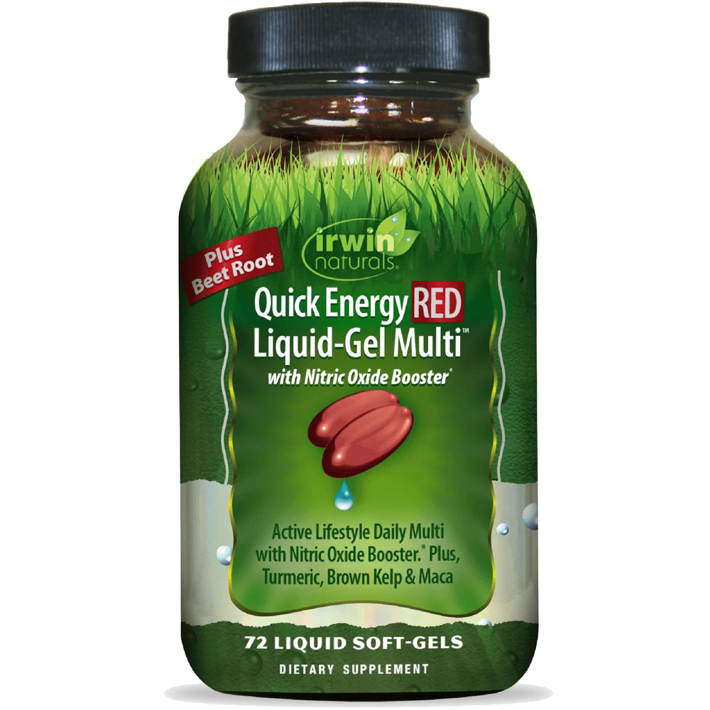 Irwin Naturals Quick Energy RED bottle featuring nitric oxide booster and vibrant label.
