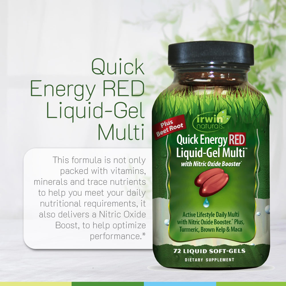 Irwin Naturals Quick Energy RED ingredients board highlights beet root and maca for vitality.