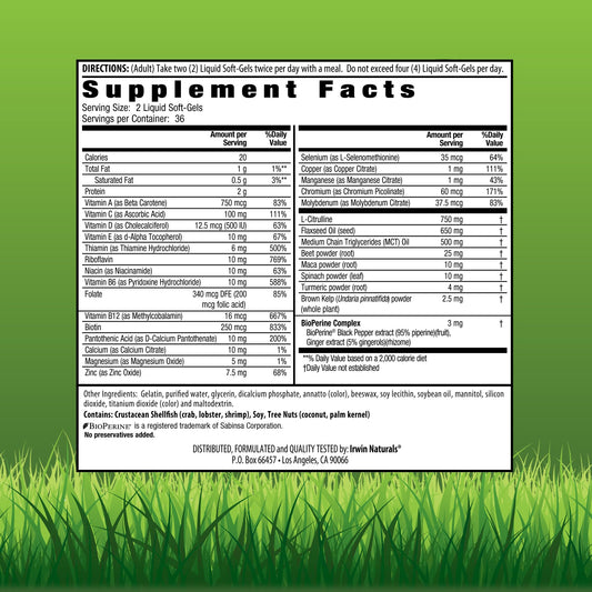 Irwin Naturals Quick Energy RED liquid-gel array shows easy-to-swallow daily nutrition.