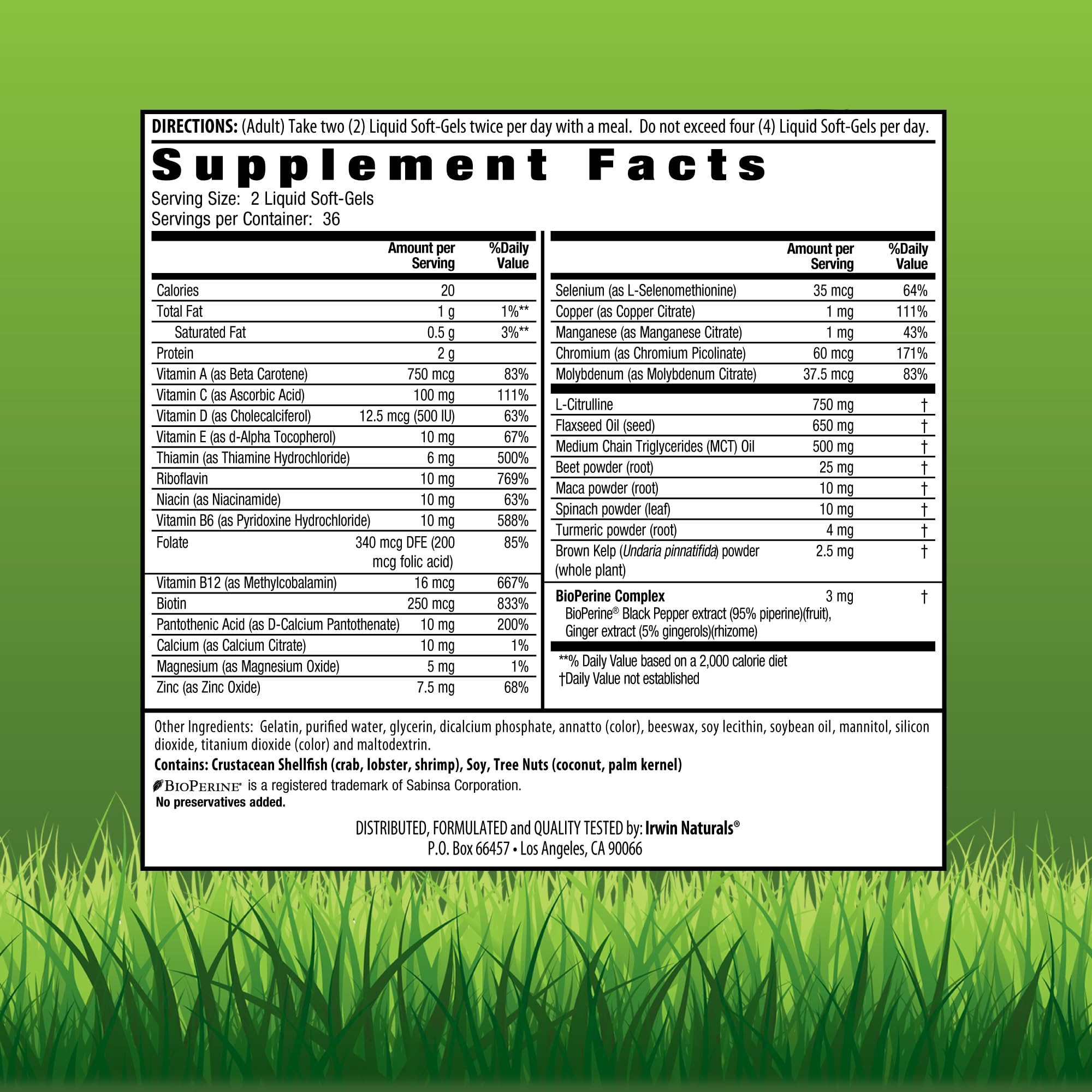 Irwin Naturals Quick Energy RED liquid-softgels pouring from bottle.