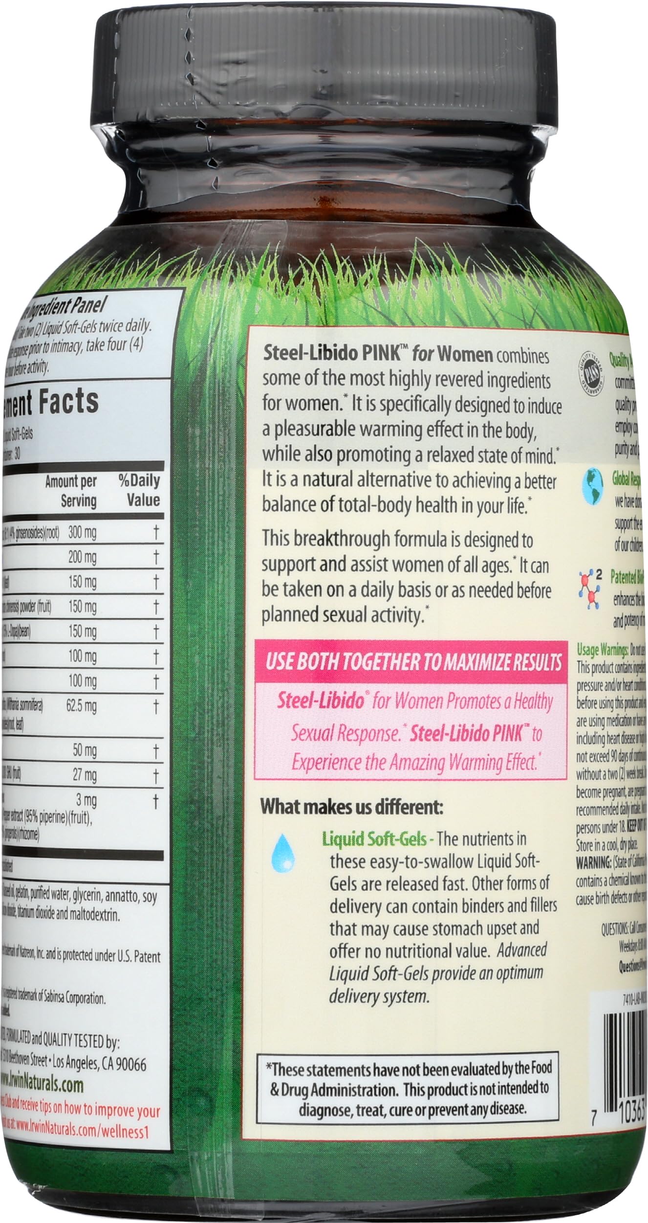Close-up of Irwin Naturals Steel Libido Pink for Women label and branding