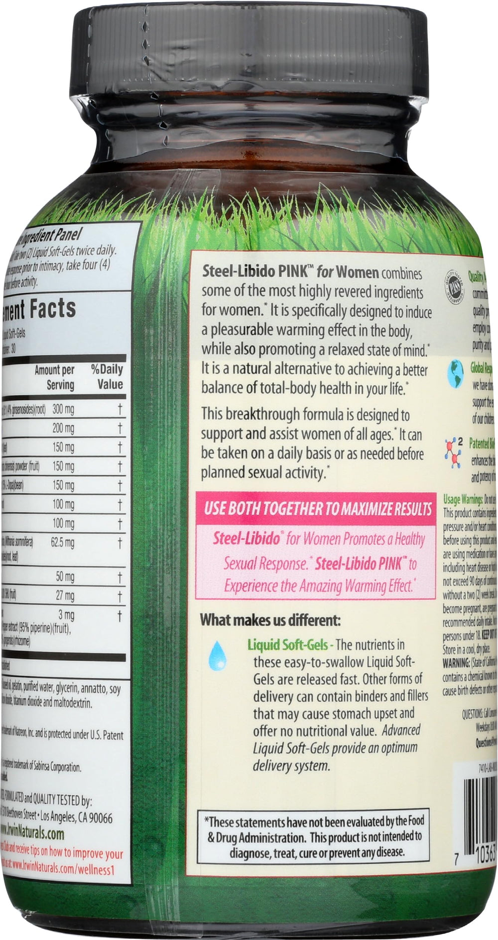 Close-up of Irwin Naturals Steel Libido Pink for Women label and branding