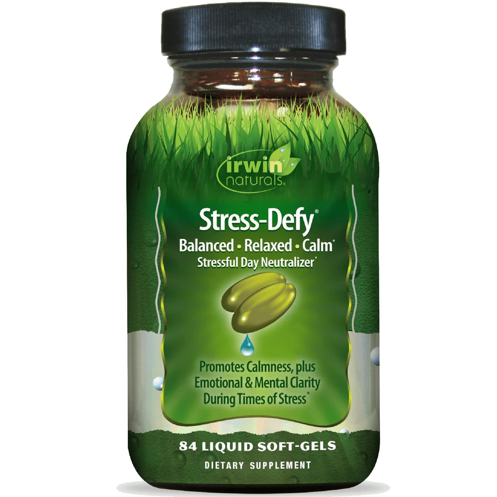 Irwin Naturals Stress-Defy bottle front promotes calm daily mood.