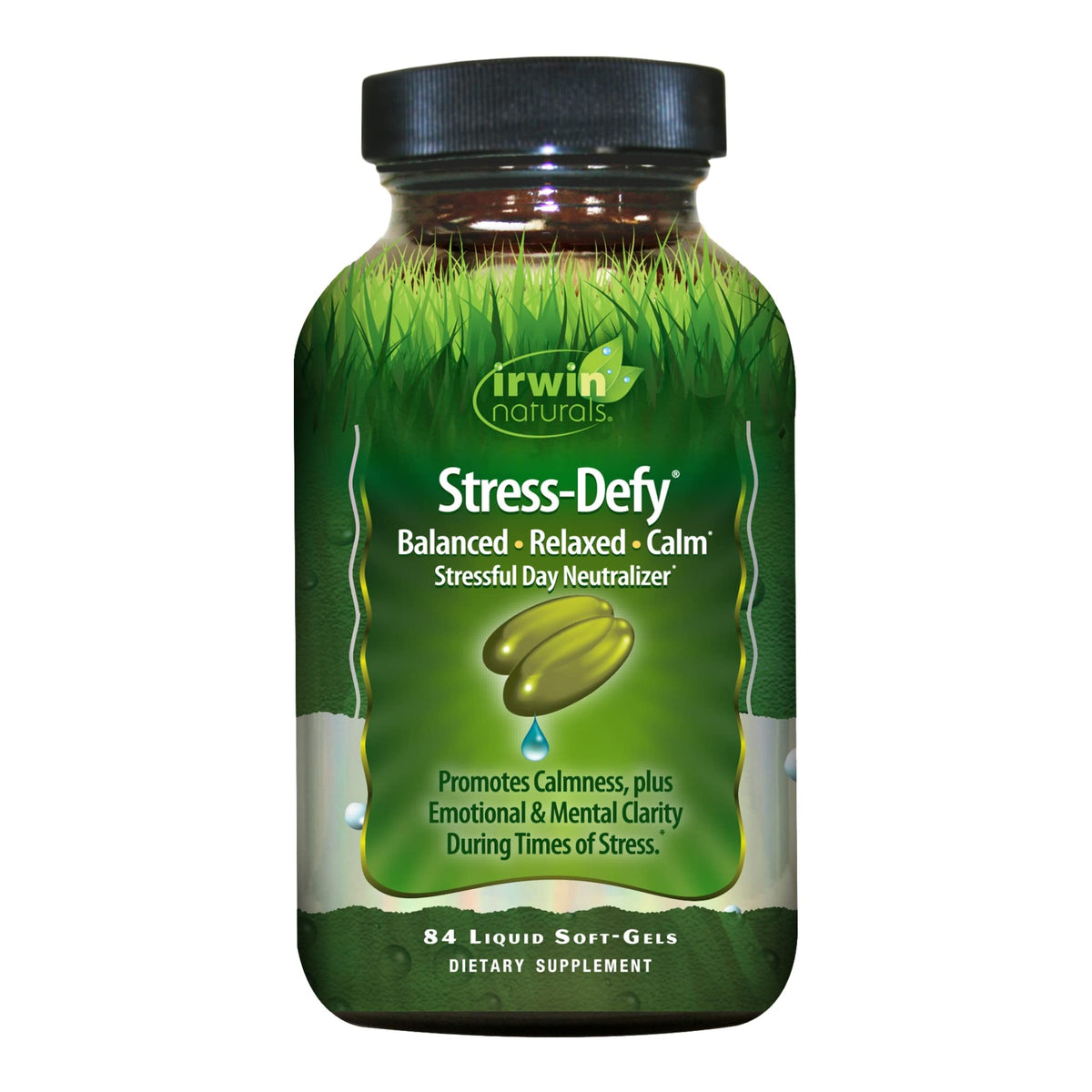 Irwin Naturals Stress-Defy bottle front showing mood support for busy days.