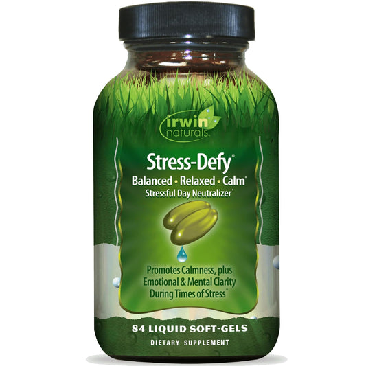 Irwin Naturals Stress-Defy bottle front promotes calm daily mood.