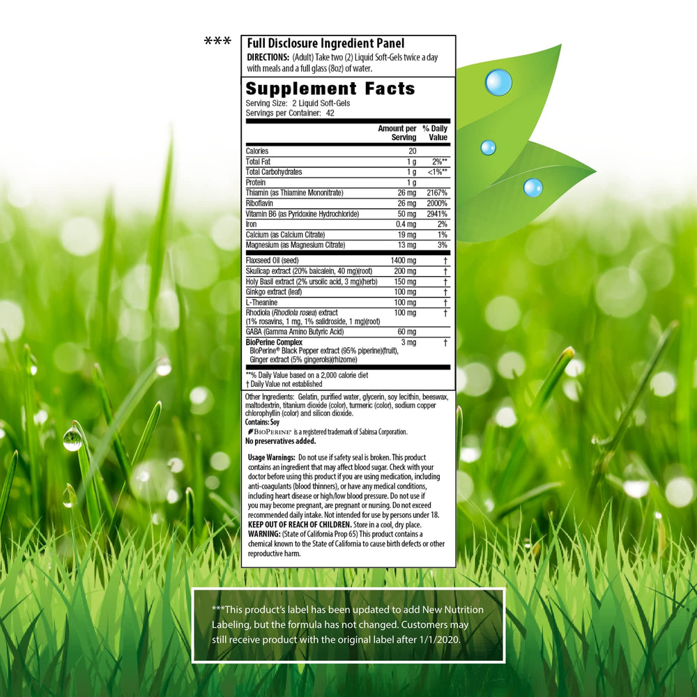 Irwin Naturals Stress-Defy bottle label close-up highlighting calm, balanced mood.