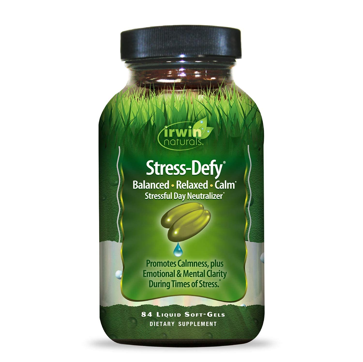 Irwin Naturals Stress-Defy bottle top view for calm, balanced daily support